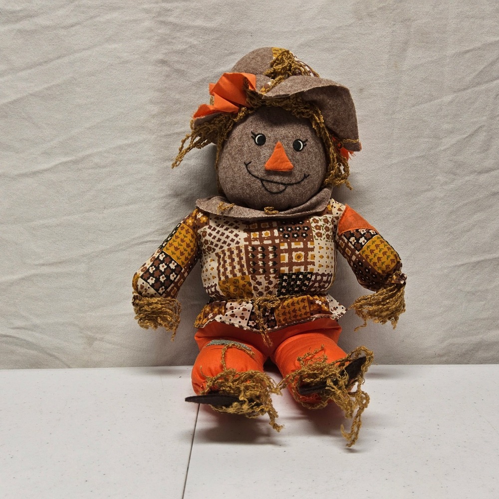Russ Berrie Scarecrow Plush Harvest‎ Small Orange Patchwork Vintage Fall Decor